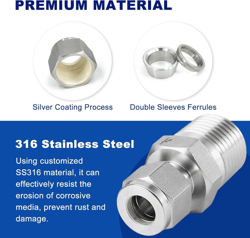 VALVENTO 2Pcs 316 Stainless Steel Compression Tube Fitting 6mm Tube OD x 1/4" NPT Male Straight Adapter Connector with Double Ferrules for Oil, Chemical, and Natural Gas Connections - Image 2
